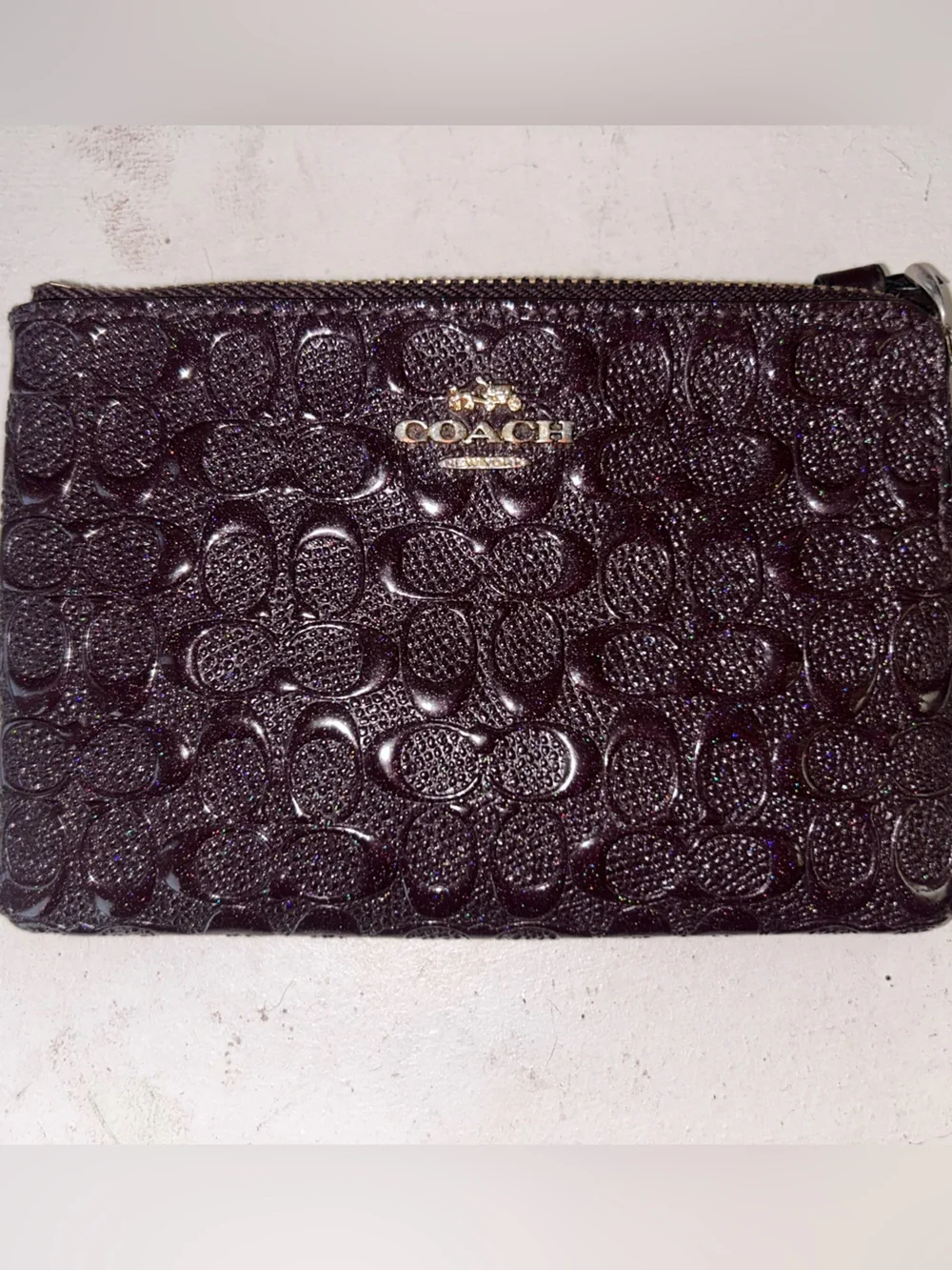 Coach Purple Signature Embossed Leather Zip Card Holder
